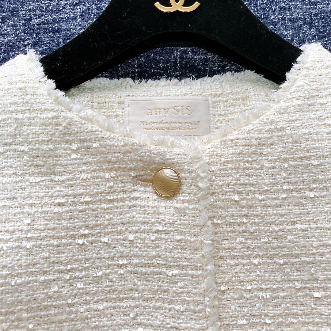 エニィスィス　24AW ツイードノーカラーミドル ジャケット　金ボタン　M