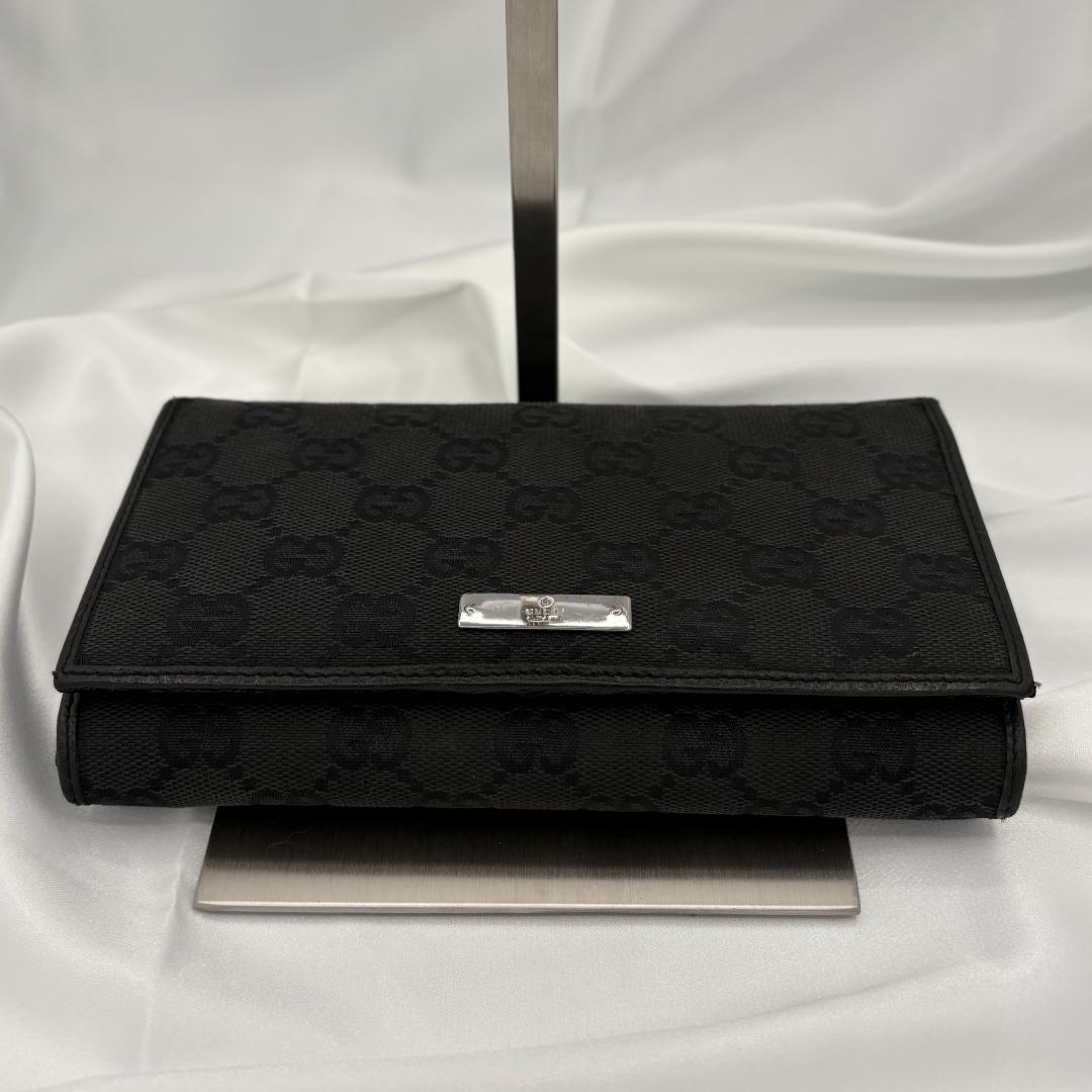 【美品】GUCCI グッチ三つ折り財布 GGキャンバス ブラック レザー がま口