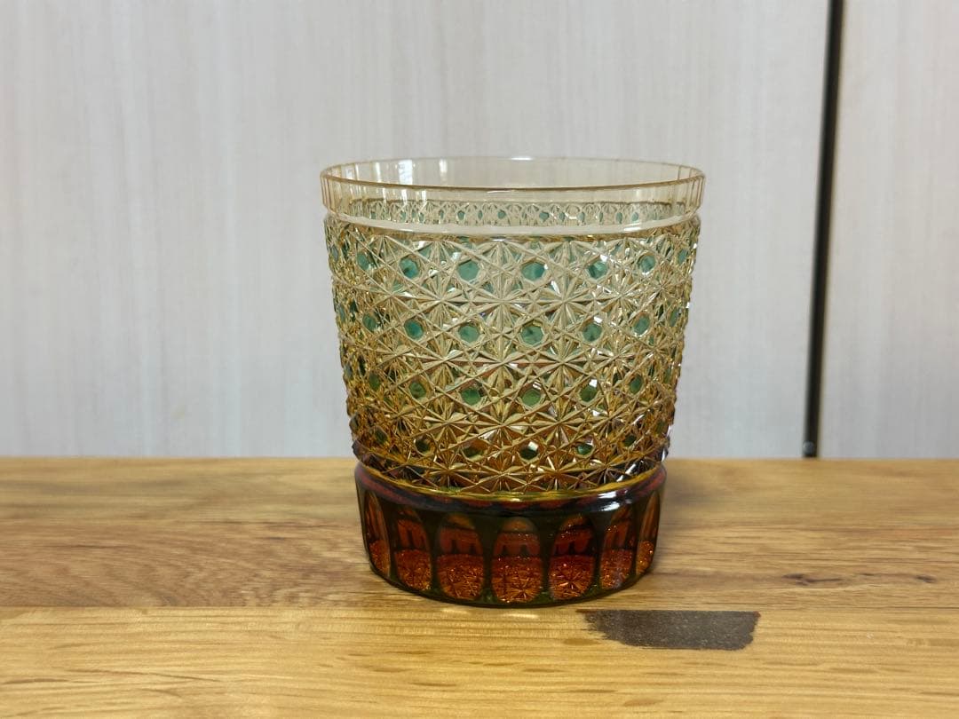 江戸切子　菊籠目紋　オールドグラス　琥珀緑