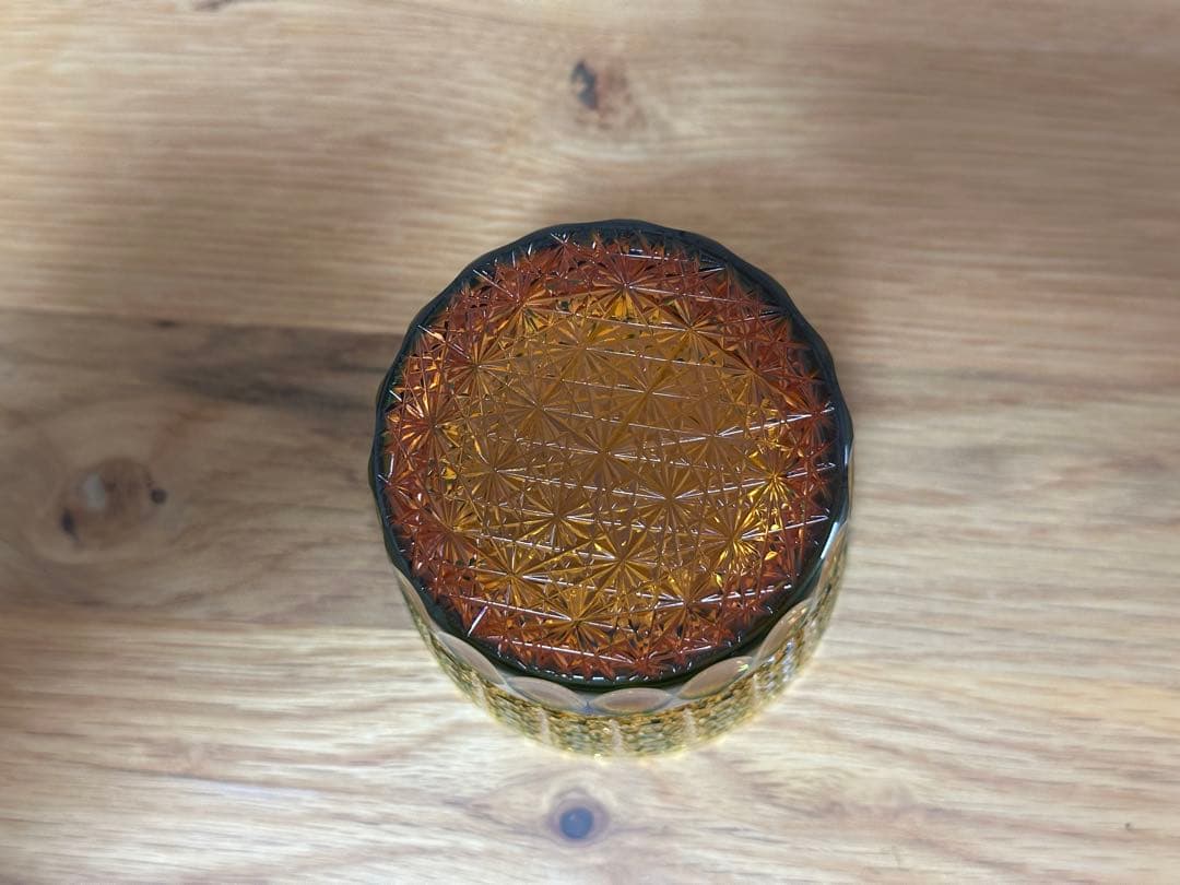 江戸切子　菊籠目紋　オールドグラス　琥珀緑