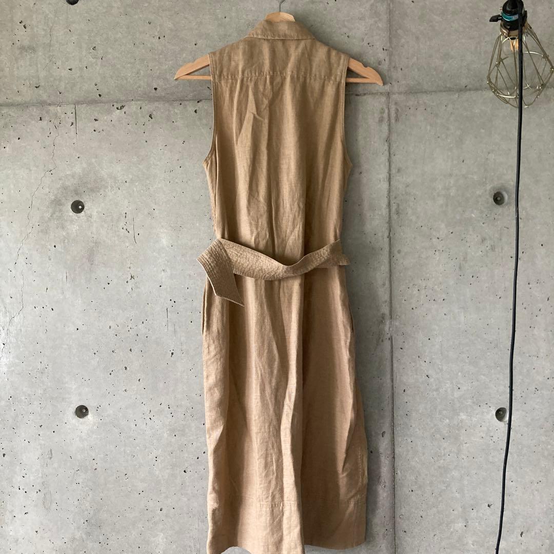 ベージュ ノースリーブシャツワンピース ウエストベルト付き