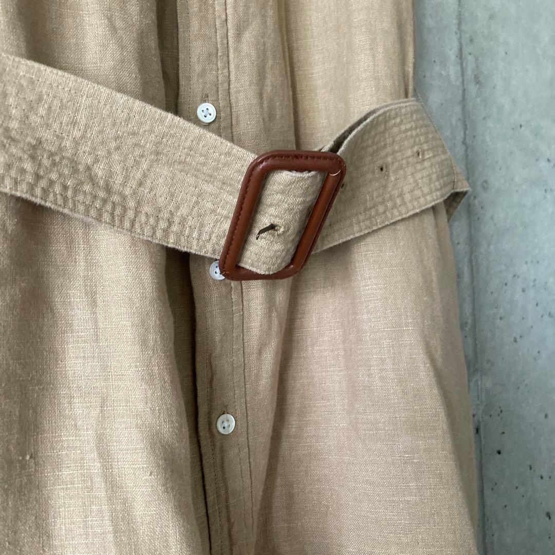 ベージュ ノースリーブシャツワンピース ウエストベルト付き