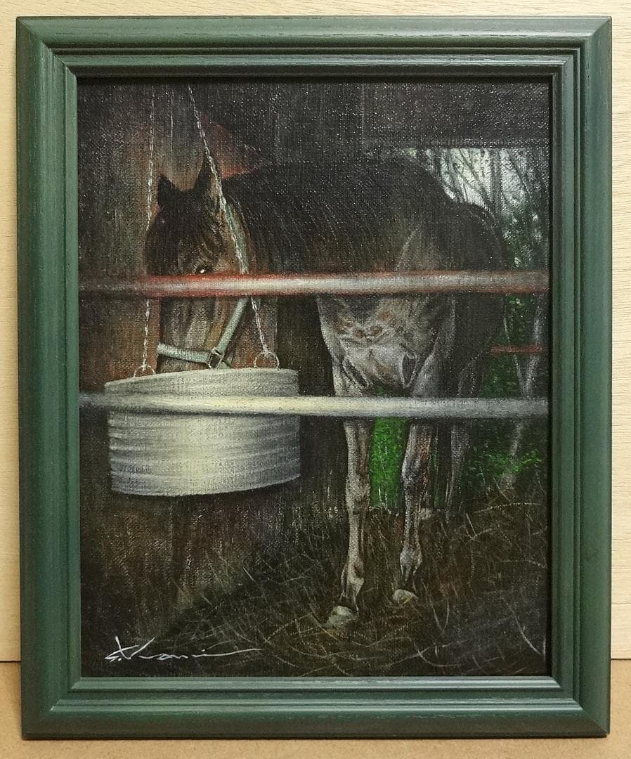 上鈴木正一 油彩画 F3号程度『早朝の厩にて』NY個展開催記念作品 超オススメ!