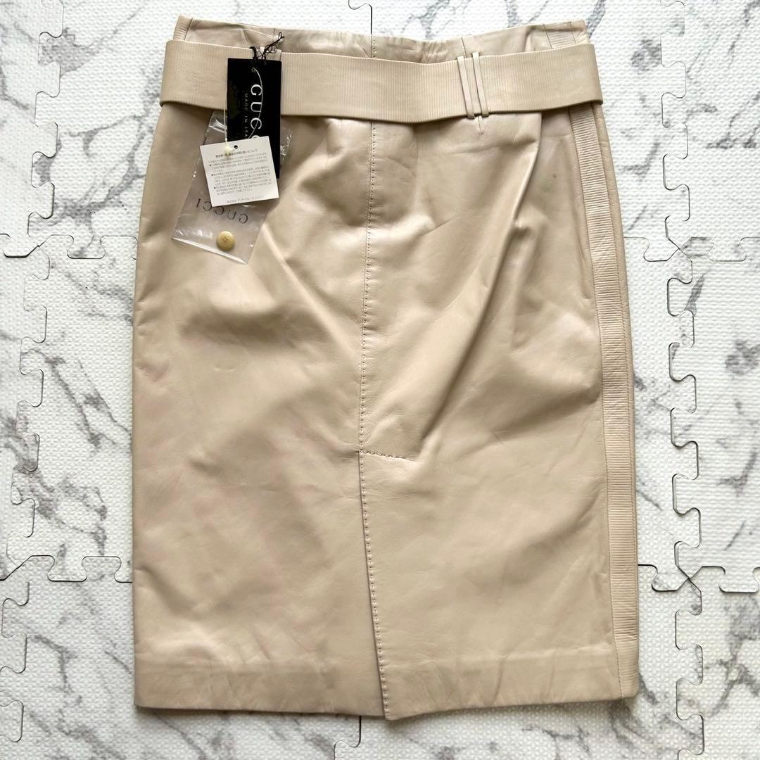未使用タグ付け◎GUCCI グッチ ラムレザー スカート ベルト付き ベージュ