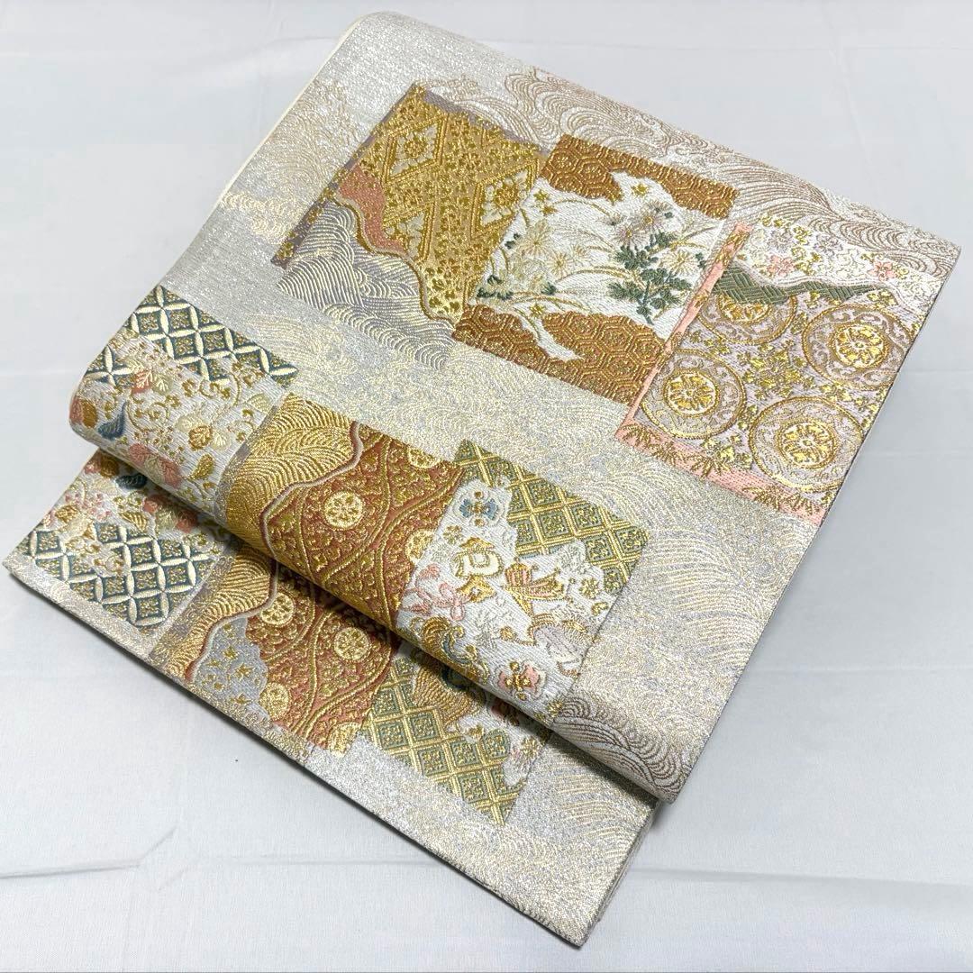 C 美品 華文 唐草唐花 宝尽くし 波 金糸 銀通し 白地 正絹 六通 袋帯