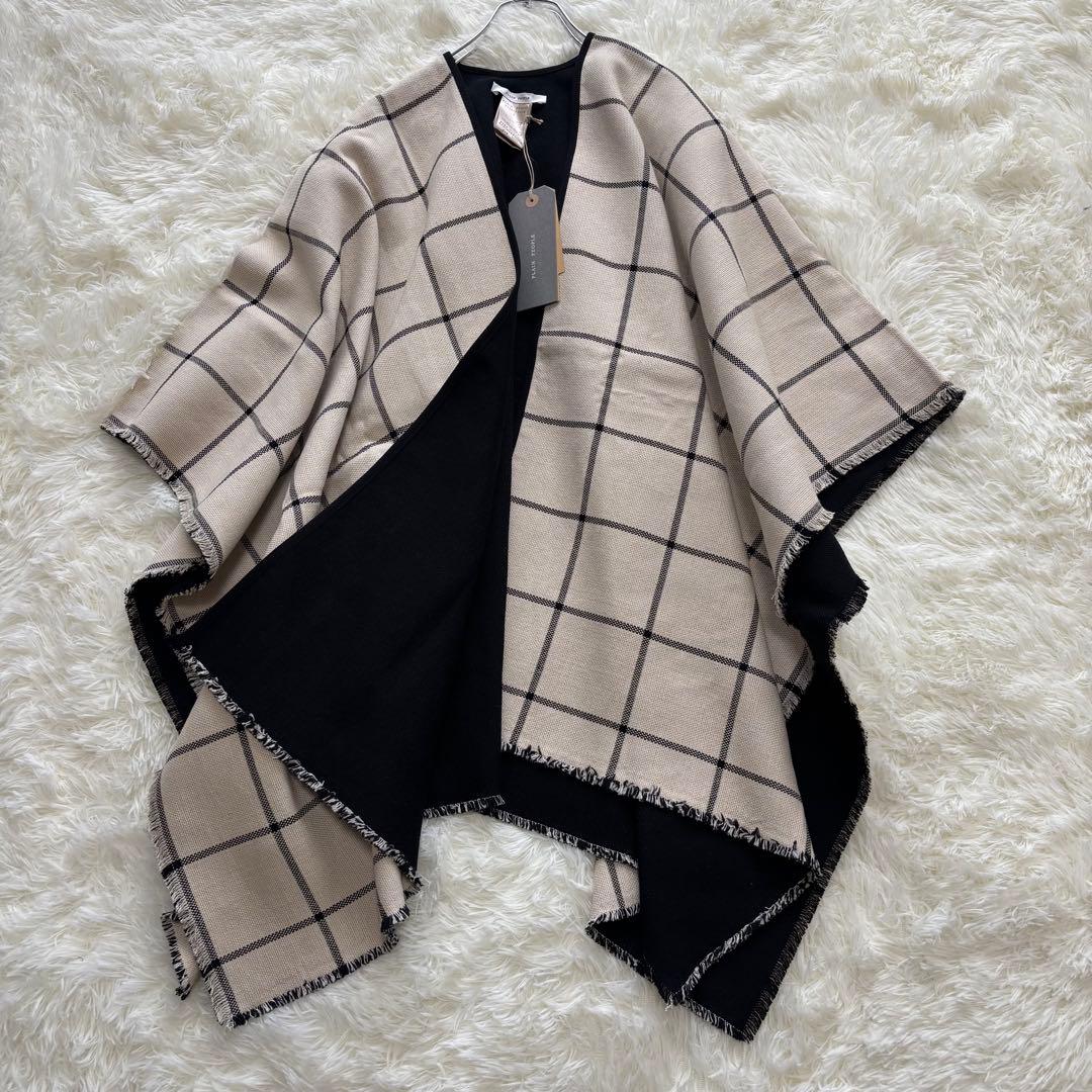 PLAIN PEOPLE✨新品タグ付き　ポンチョ　バイカラー　格子柄　フリンジL