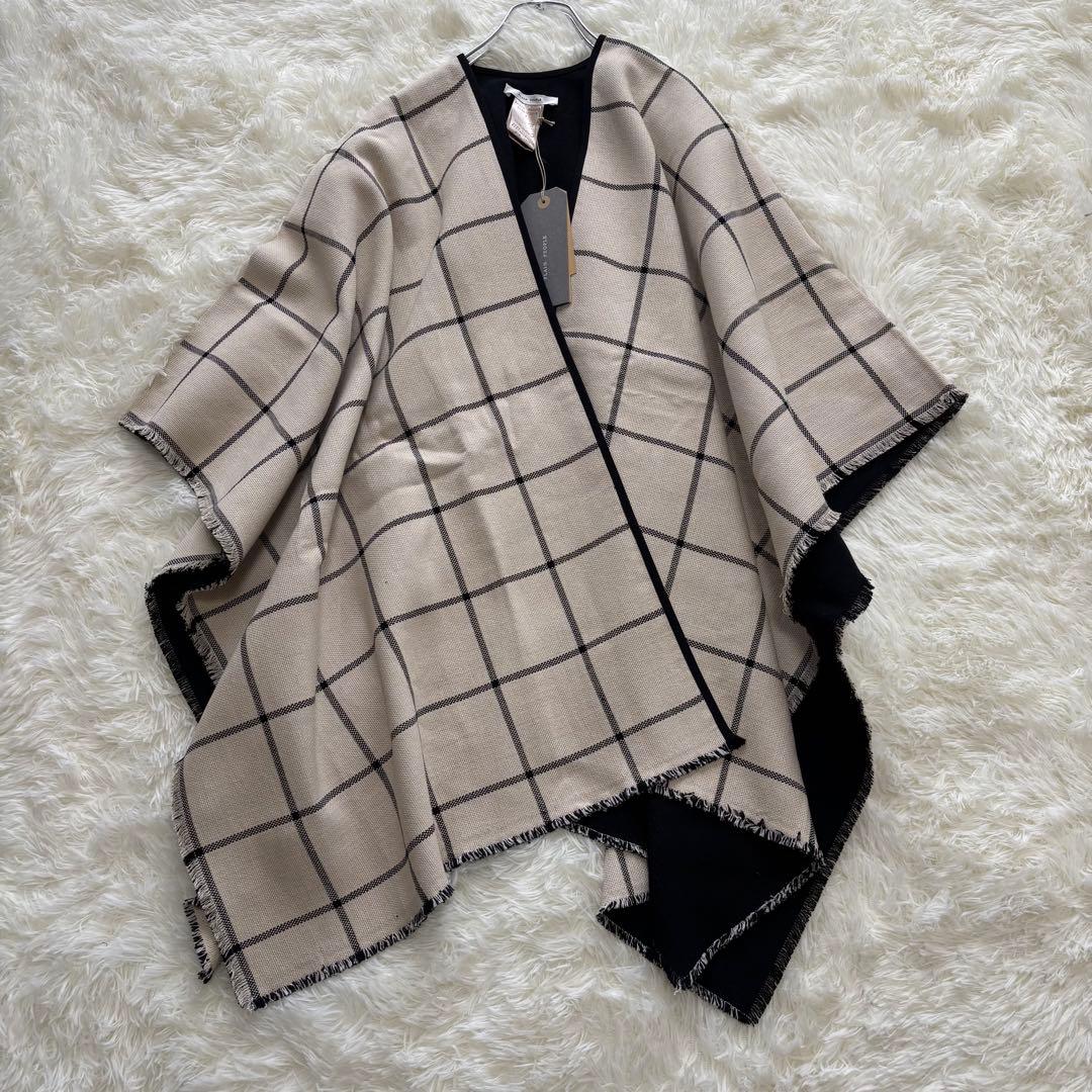 PLAIN PEOPLE✨新品タグ付き　ポンチョ　バイカラー　格子柄　フリンジL