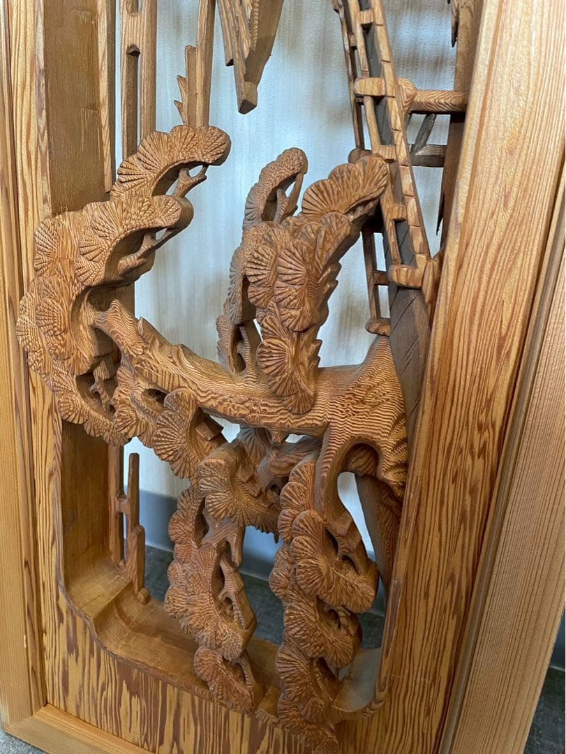 欄間　二枚組　木彫り　彫刻　松