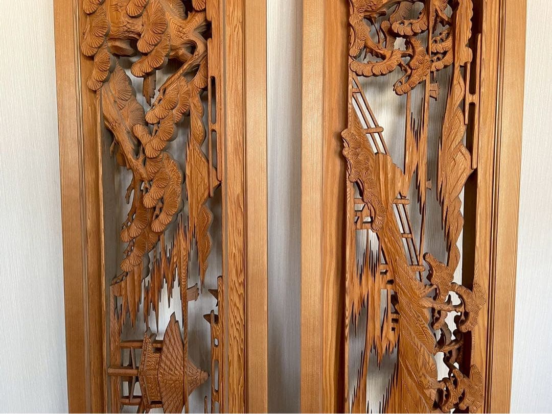 欄間　二枚組　木彫り　彫刻　松