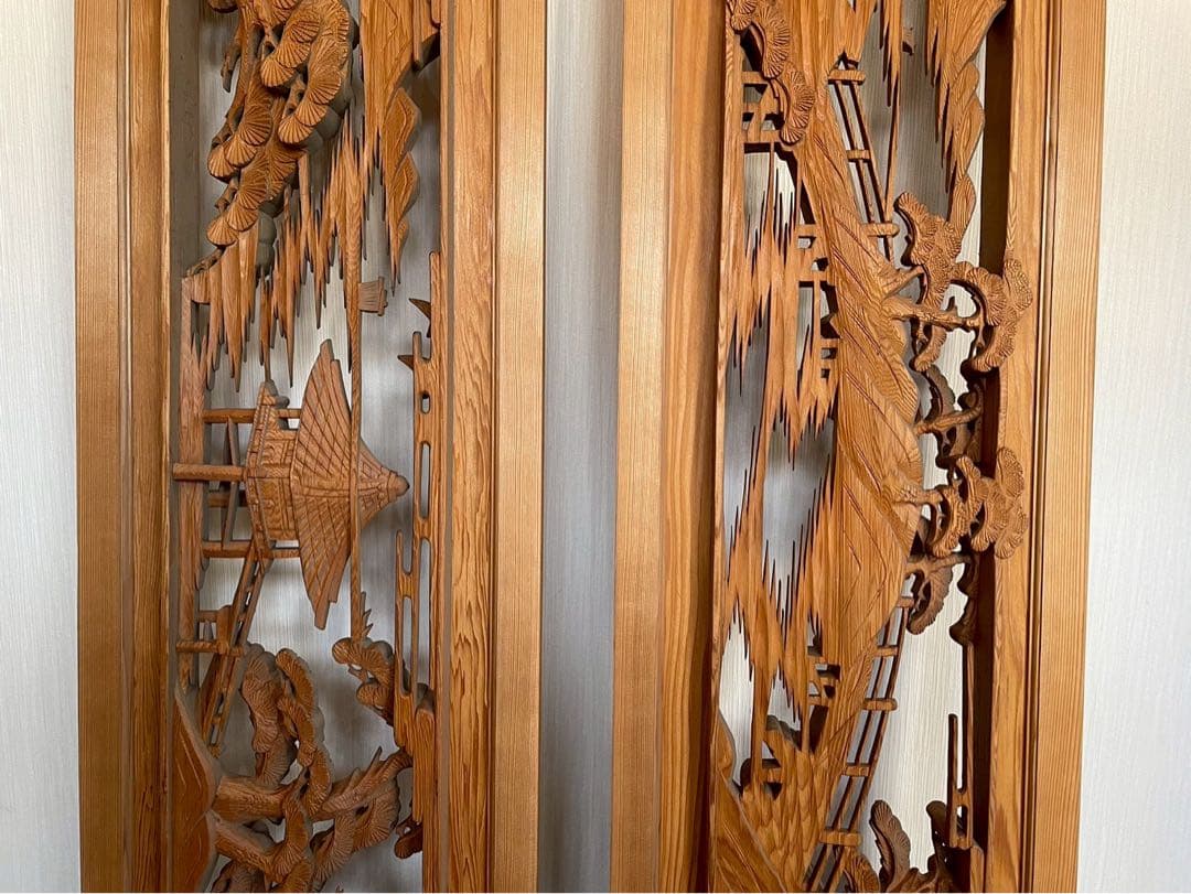 欄間　二枚組　木彫り　彫刻　松