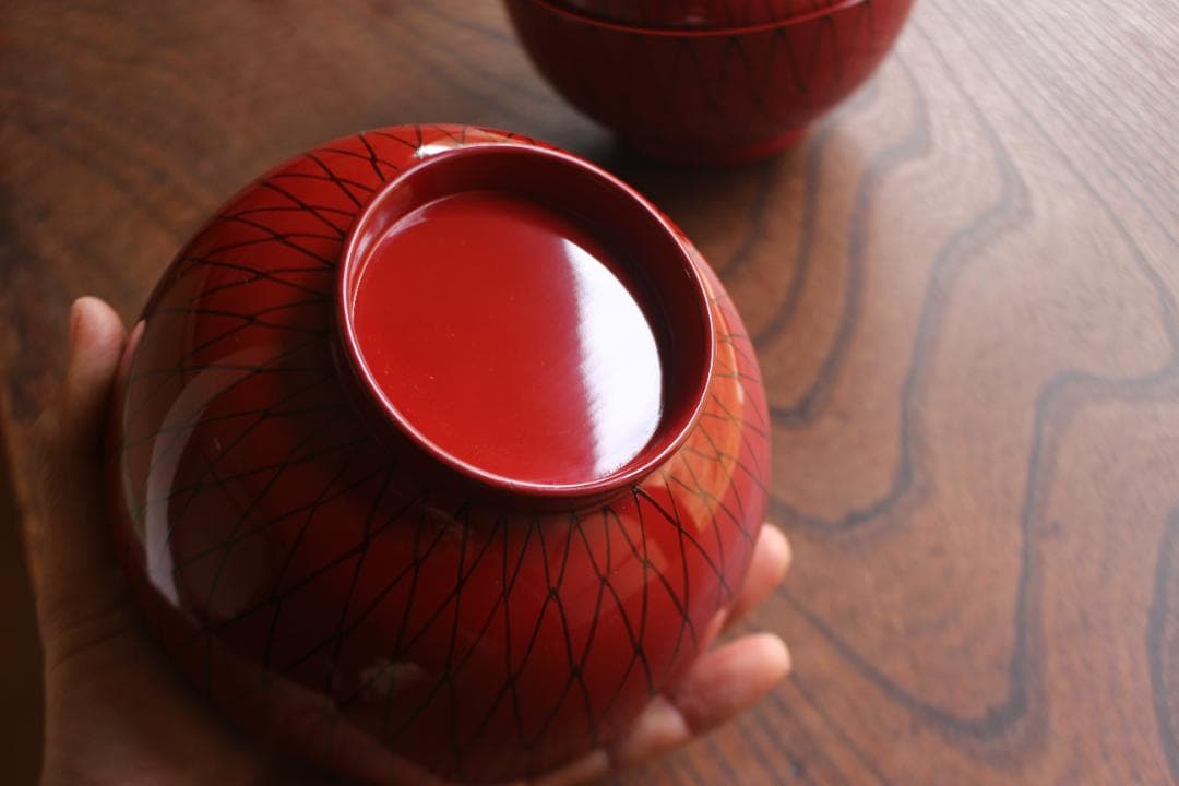 上質朱漆に風情ある網目文の美しい大ぶり煮物椀2点（検輪島塗雑煮椀