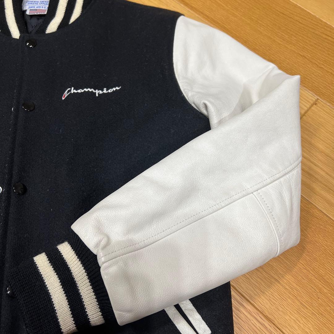 Champion スタジャン ブラック/ホワイト Lウール➕牛革
