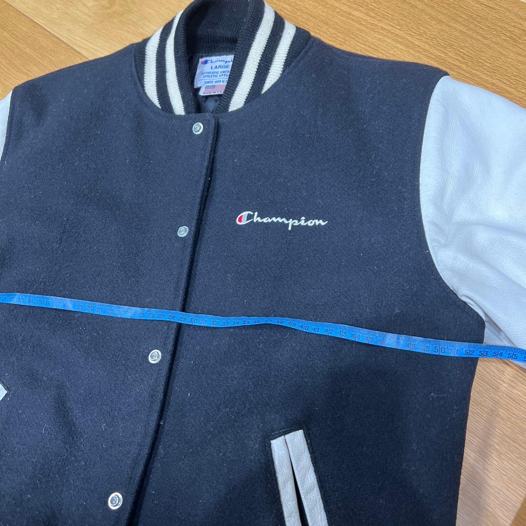 Champion スタジャン ブラック/ホワイト Lウール➕牛革