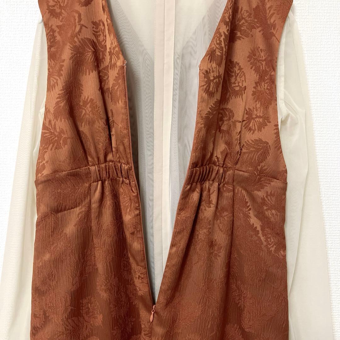 美品　人気　エメ　チュールブラウス付きジャカードIラインパーティードレス　L