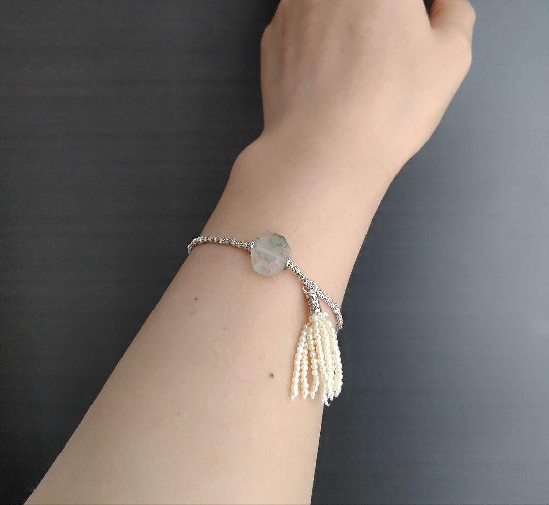 極小淡水パールタッセルチャーム付、カレンシルバーロングネックレス　ベビーパール