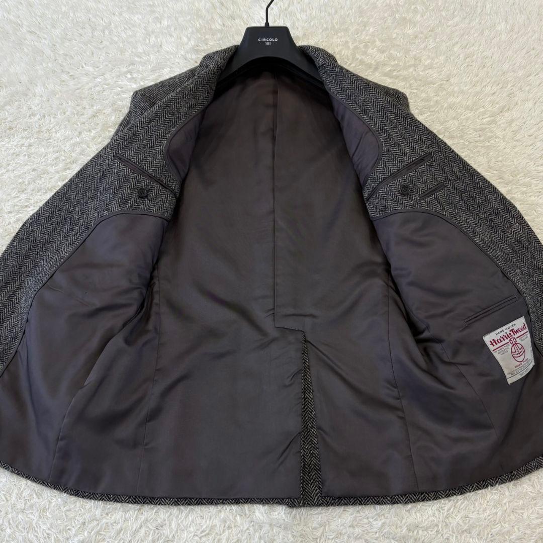 ハリスツイード テーラードジャケット 総柄 ヘリンボーン L チャコールグレー