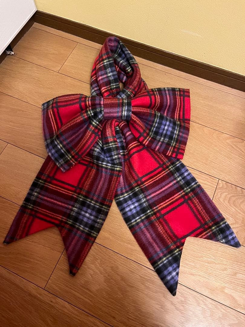 heihei リボンマフラー　チェック　赤　ピンク