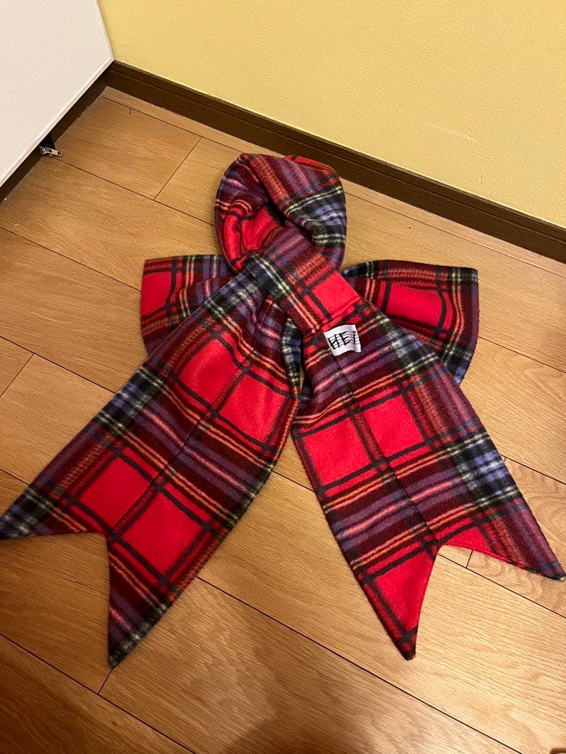 heihei リボンマフラー　チェック　赤　ピンク