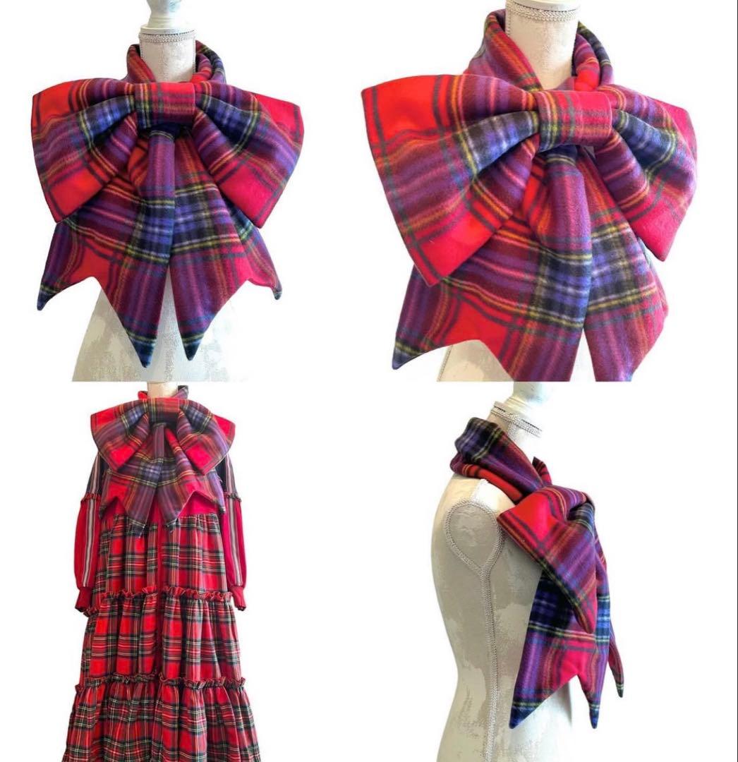 heihei リボンマフラー　チェック　赤　ピンク