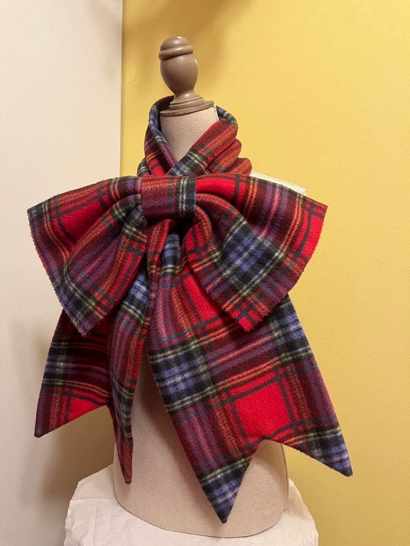 heihei リボンマフラー　チェック　赤　ピンク