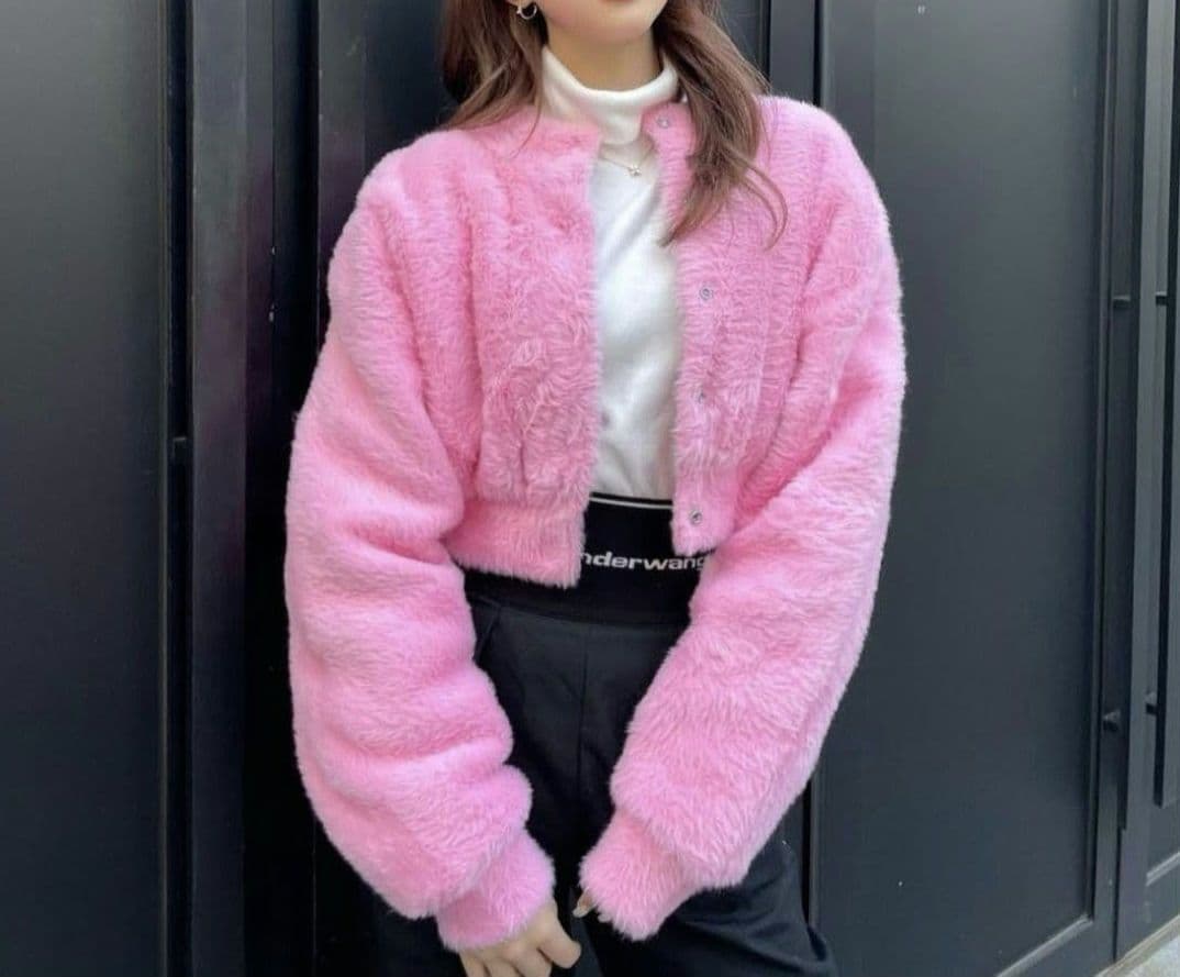 t- アレキサンダーワン　クロップド　ファー　ジャケット　ピンク　xs　ダウン