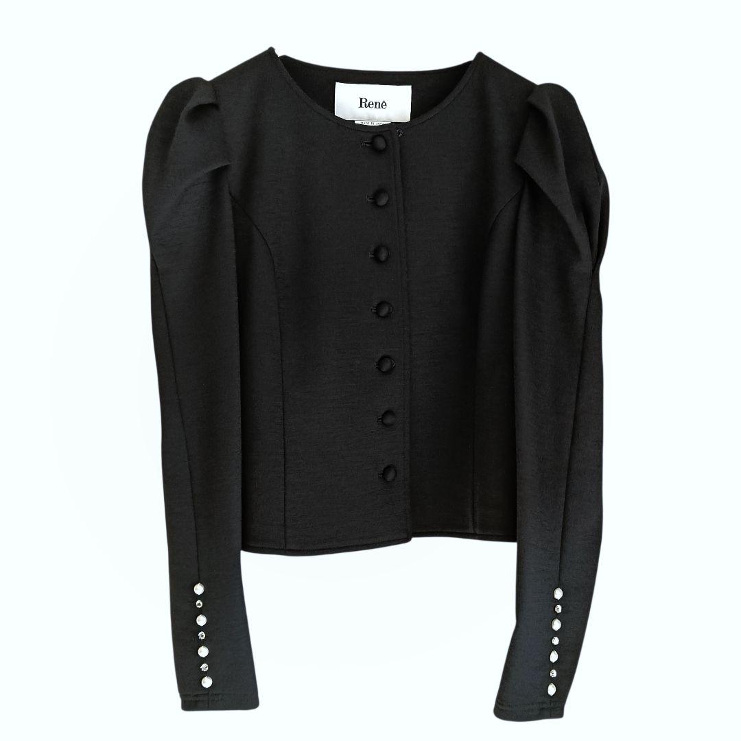 【Rene】美品 ノーカラーニットジャケット カーディガン パール 34