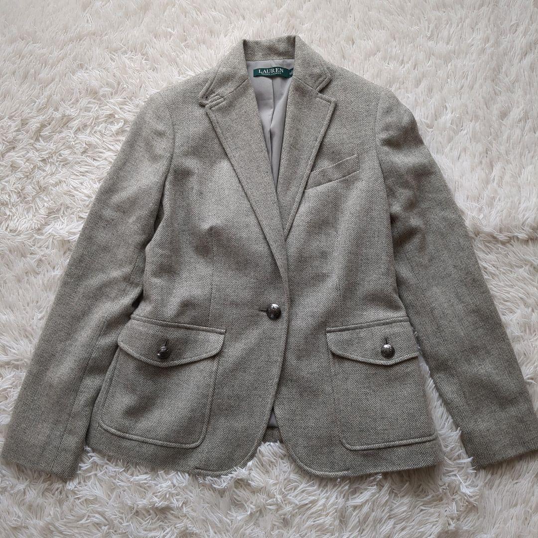 美品 ローレンラルフローレン ヘリンボーンブレザー 銀ボタン グレー M