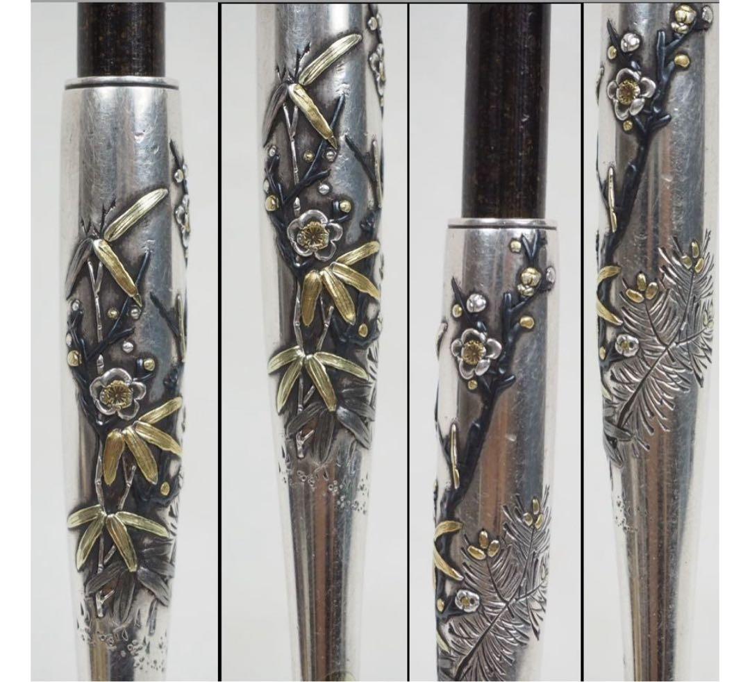 aunkyo送料無料　『正秋』造　本金金具煙草入　銀製象嵌煙管鹿角彫煙管入