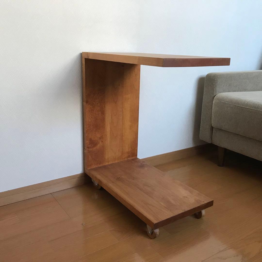 コの字 サイドテーブル キャスター付 木製 和モダン ベッドサイド ビンテ ージ