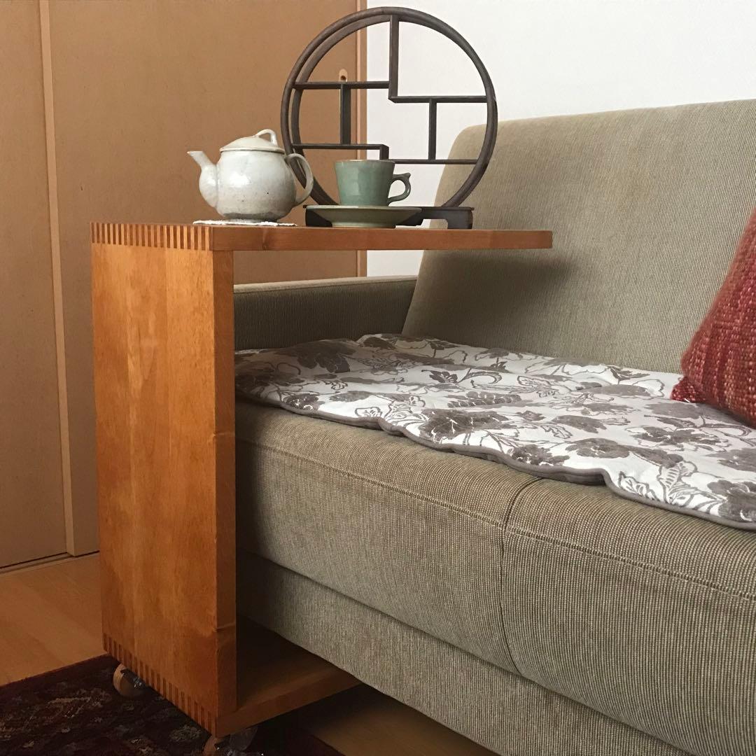 コの字 サイドテーブル キャスター付 木製 和モダン ベッドサイド ビンテ ージ