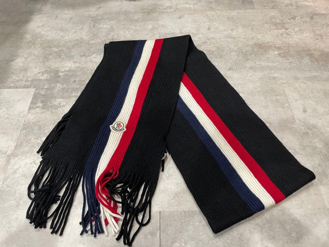 【箱、手提げ付き】Moncler ネイビー ストライプ マフラー