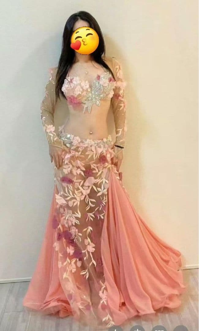 セールベリーダンス衣装 ブラスカートセット オレンジ系 花 オーダーメイド