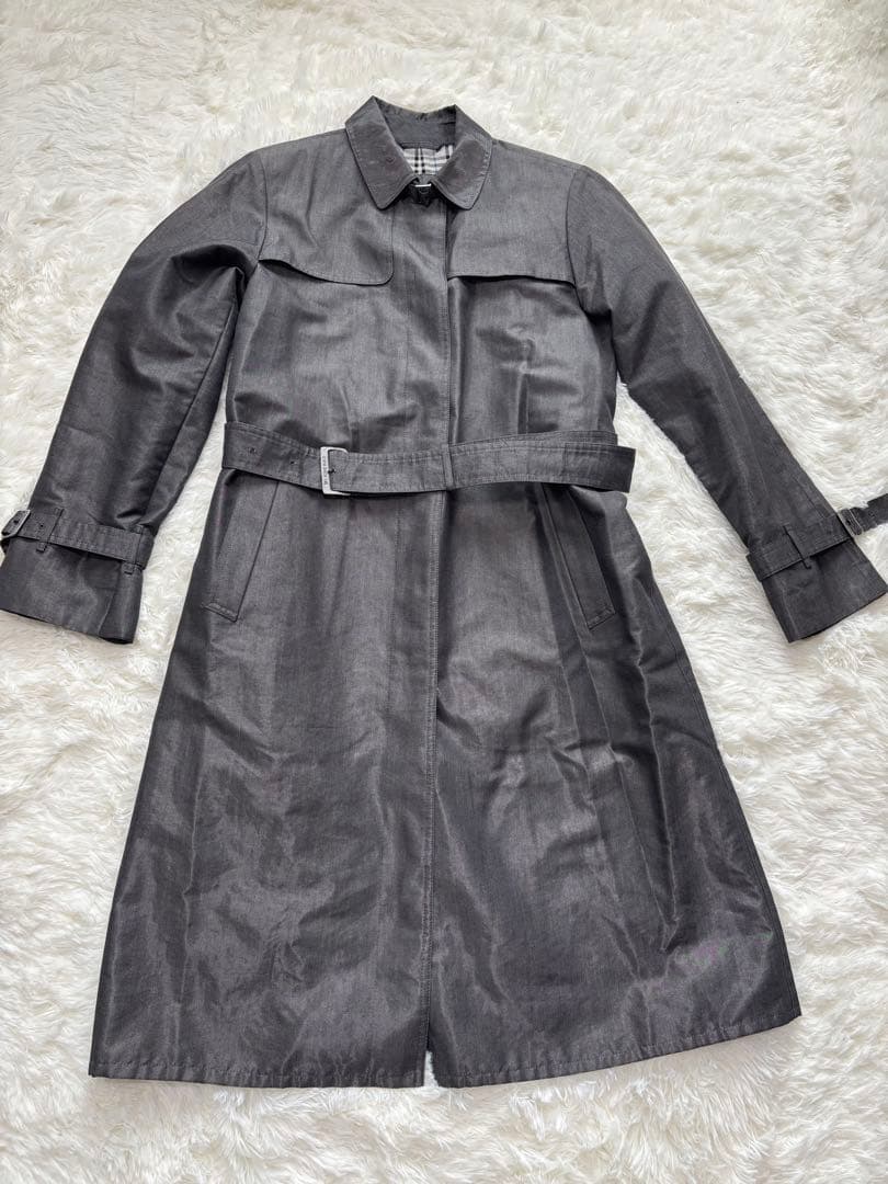 バーバリーロンドン　11号　グレー　ノバチェック トレンチコート　ロング　刺繍