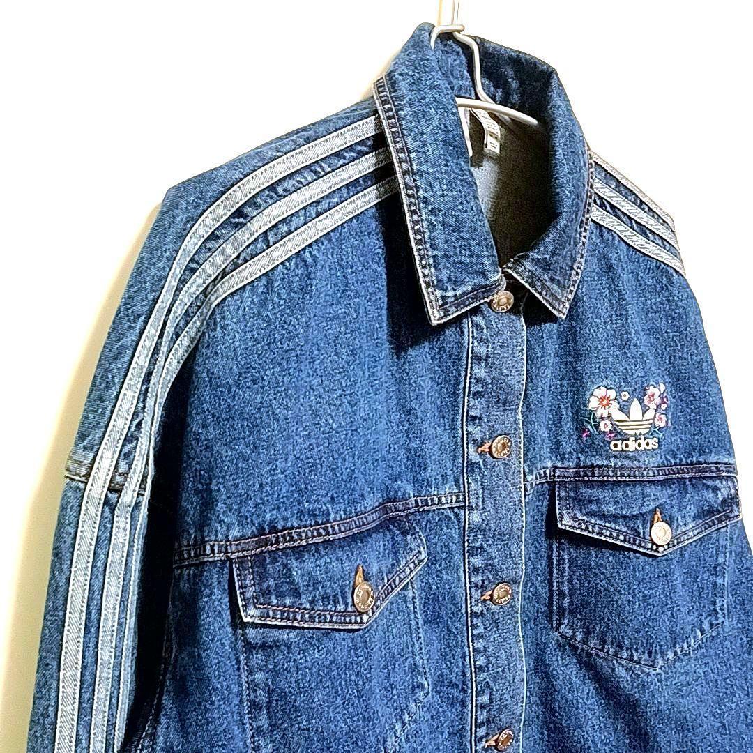 【美品★2XL】アディダス　花柄　刺繍　短丈　デニムジャケット　Y2K