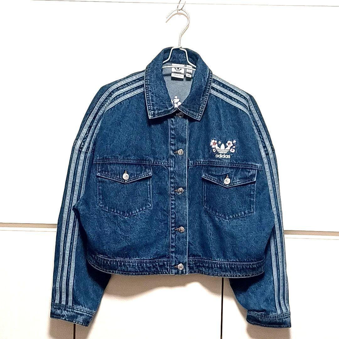 【美品★2XL】アディダス　花柄　刺繍　短丈　デニムジャケット　Y2K
