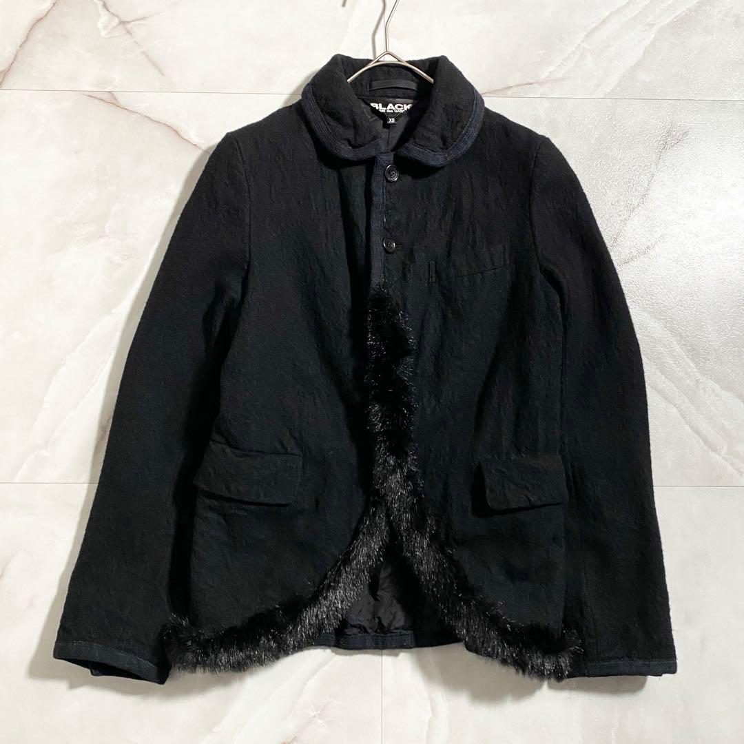 B18137 ブラックコムデギャルソン ファーパッチウール縮絨ジャケット 黒XS
