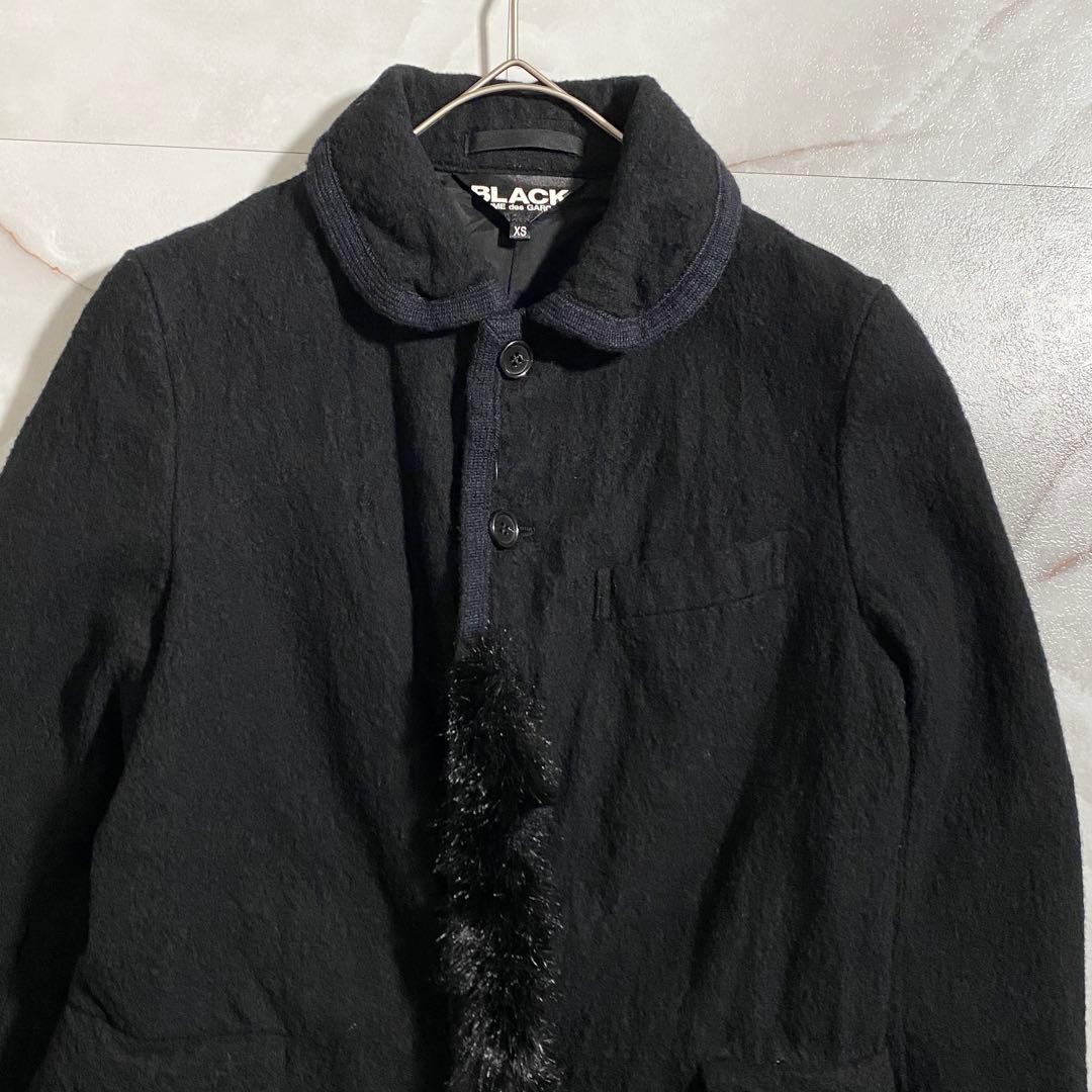 B18137 ブラックコムデギャルソン ファーパッチウール縮絨ジャケット 黒XS