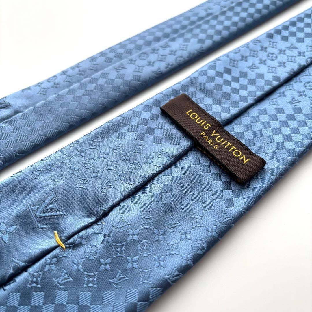 ꧁極美品꧂ ルイヴィトン ネクタイ モノグラム ダミエ ロゴ ストライプ ブルー