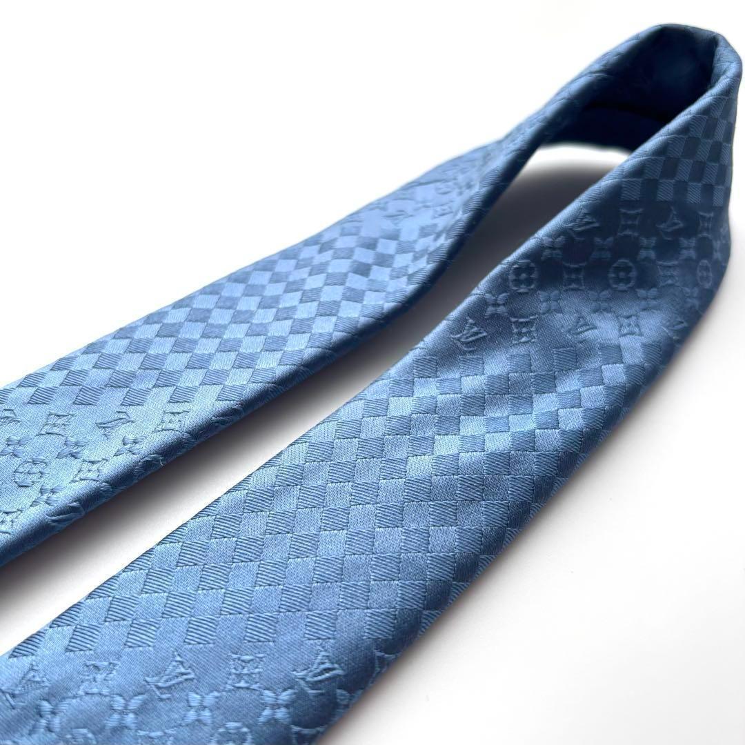 ꧁極美品꧂ ルイヴィトン ネクタイ モノグラム ダミエ ロゴ ストライプ ブルー