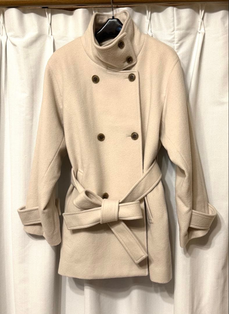 STRATA スタンドカラーミドル丈ウールコート ベージュ