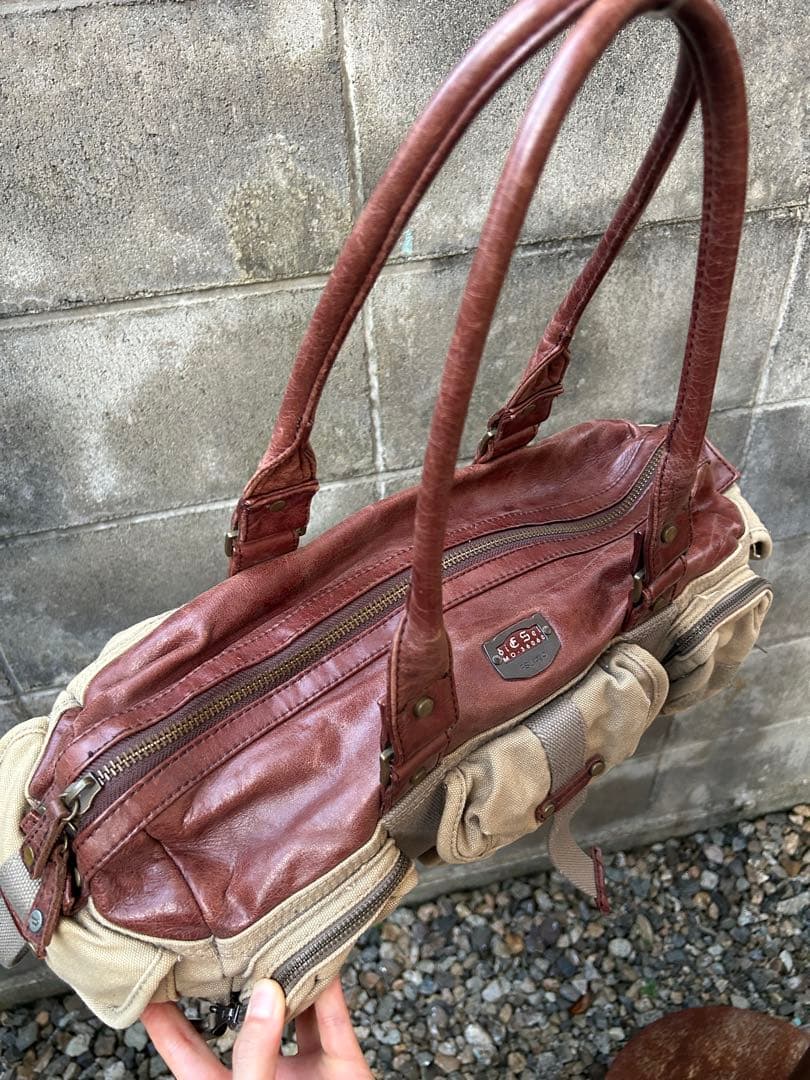 DIESEL 00s レザー×キャンバス×メタル 異素材ミックスボストンバック