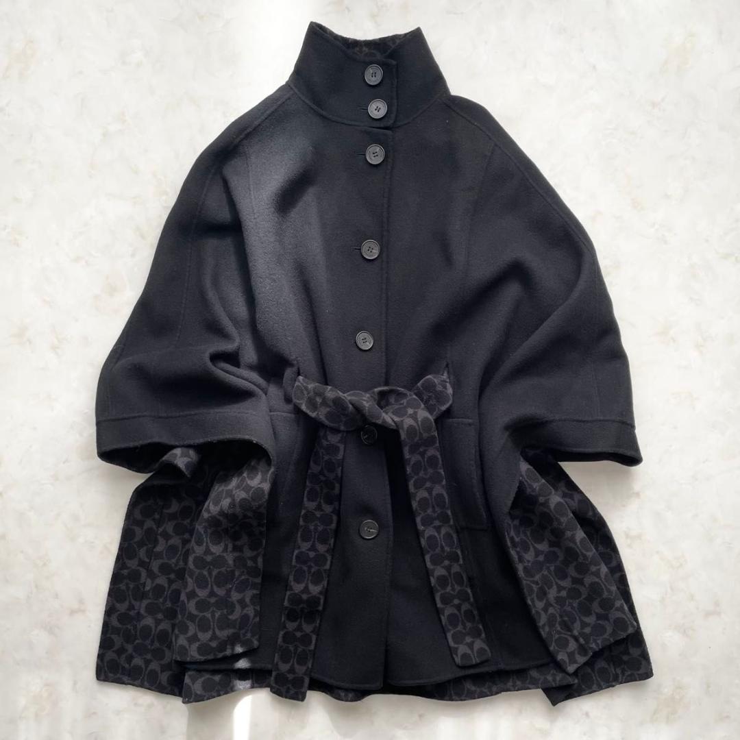 【美品】COACH ウールメルトンケープコート シグネチャー S　ベルト付き