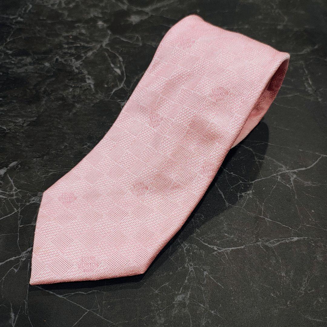 ルイヴィトン ネクタイ ピンク ダミエ柄 LVロゴ シルク100% イタリア製