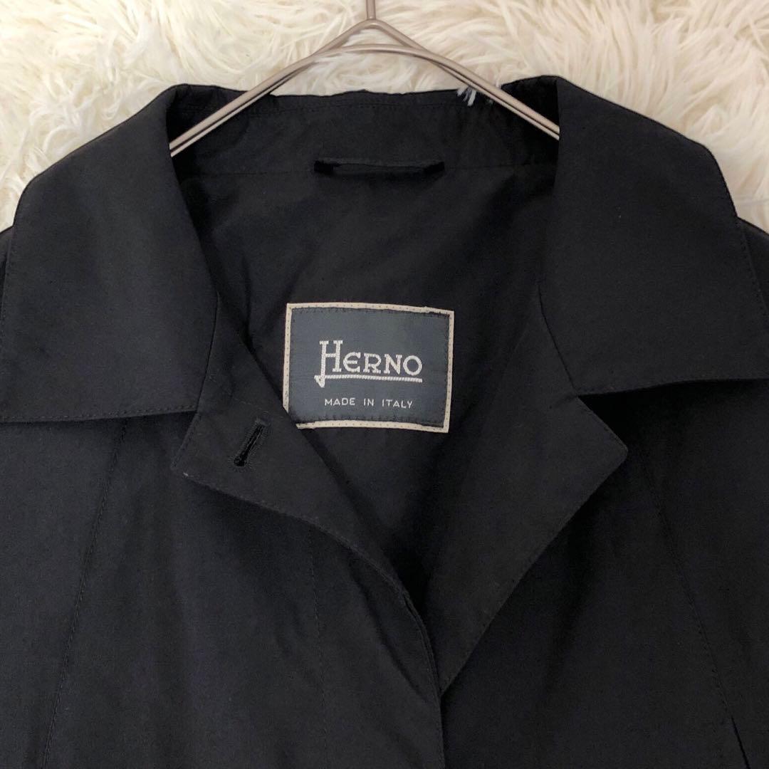 HERNO ヘルノ ステンカラーコート L 黒 シルク混 裏地スカーフ柄 比翼