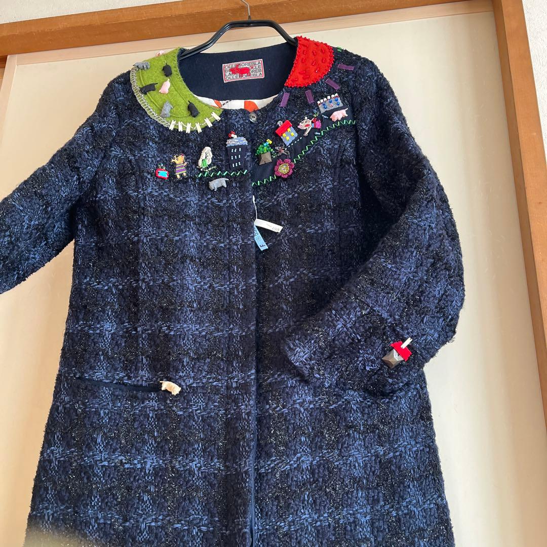 ツイードコート　黒×紺　放牧 立体フェルト豚さん　編み花　ビーズ 裏地まで可愛い