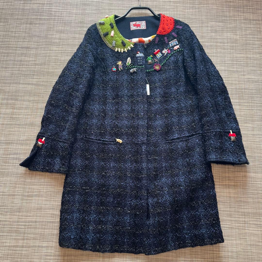 ツイードコート　黒×紺　放牧 立体フェルト豚さん　編み花　ビーズ 裏地まで可愛い