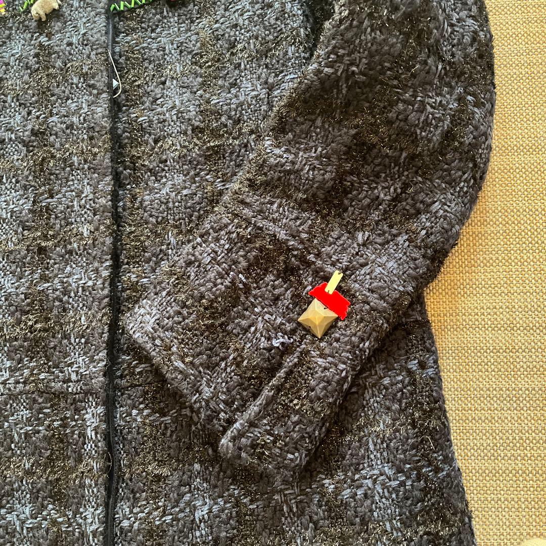 ツイードコート　黒×紺　放牧 立体フェルト豚さん　編み花　ビーズ 裏地まで可愛い