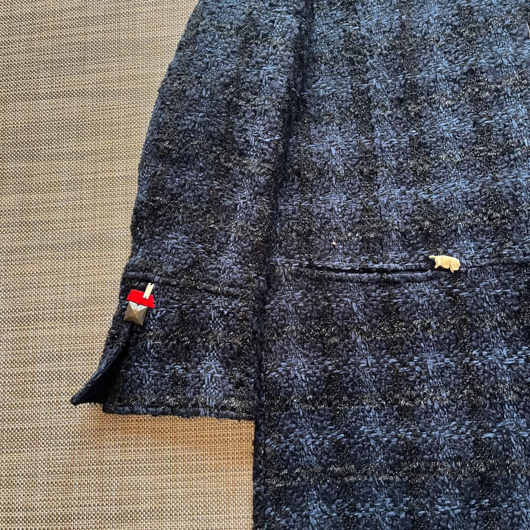 ツイードコート　黒×紺　放牧 立体フェルト豚さん　編み花　ビーズ 裏地まで可愛い