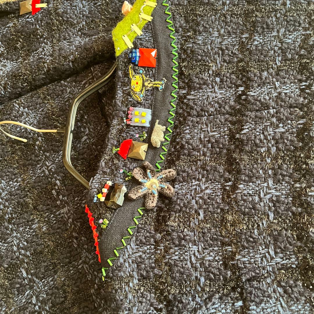 ツイードコート　黒×紺　放牧 立体フェルト豚さん　編み花　ビーズ 裏地まで可愛い