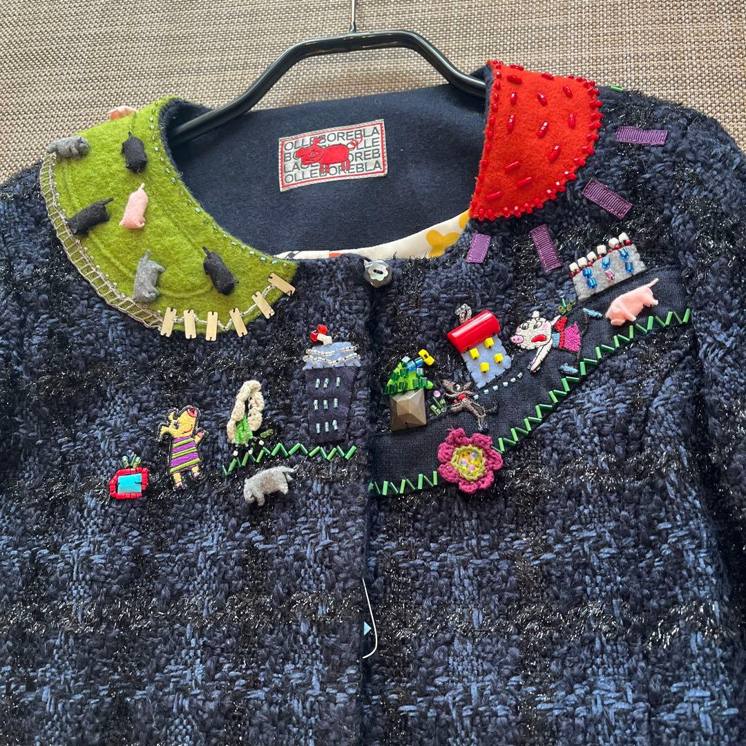 ツイードコート　黒×紺　放牧 立体フェルト豚さん　編み花　ビーズ 裏地まで可愛い